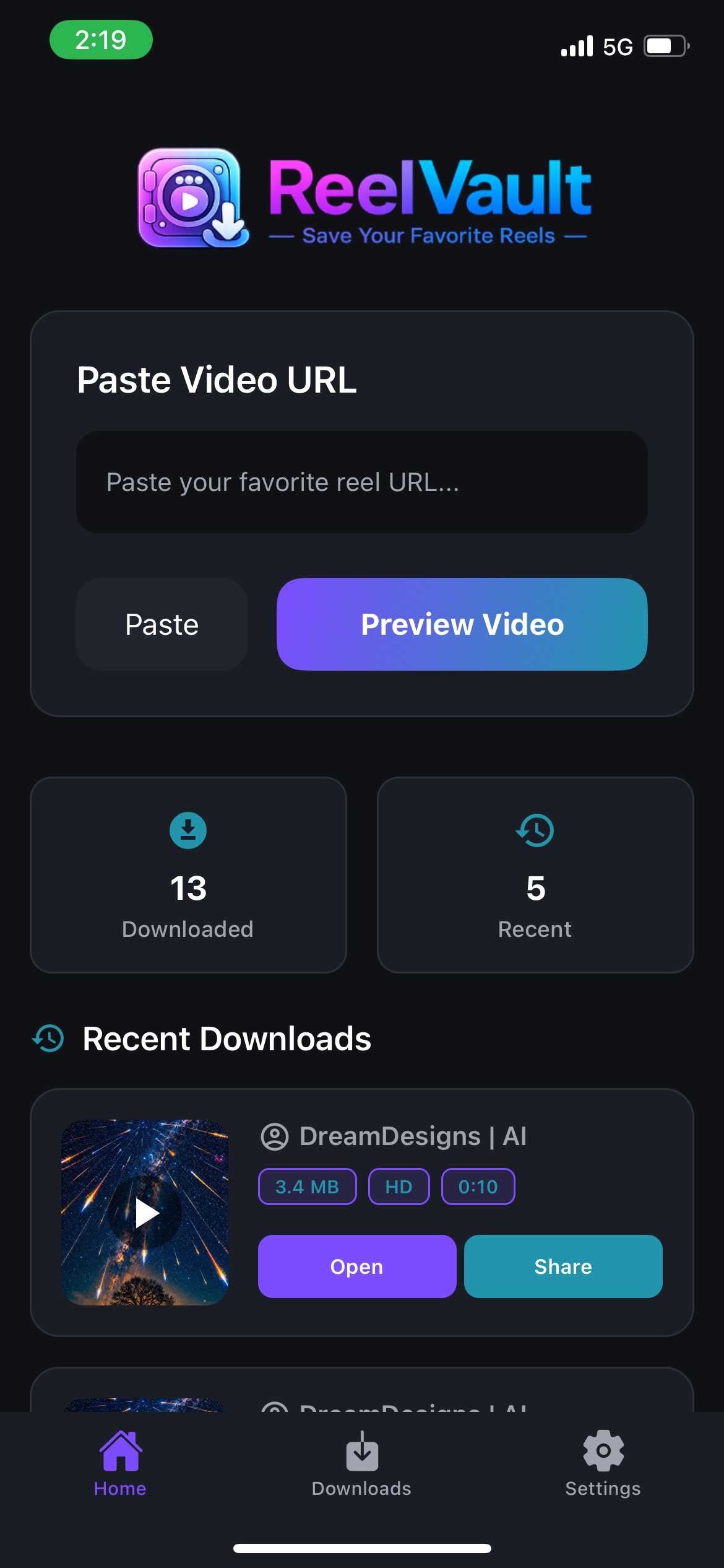 ReelVault app home screen